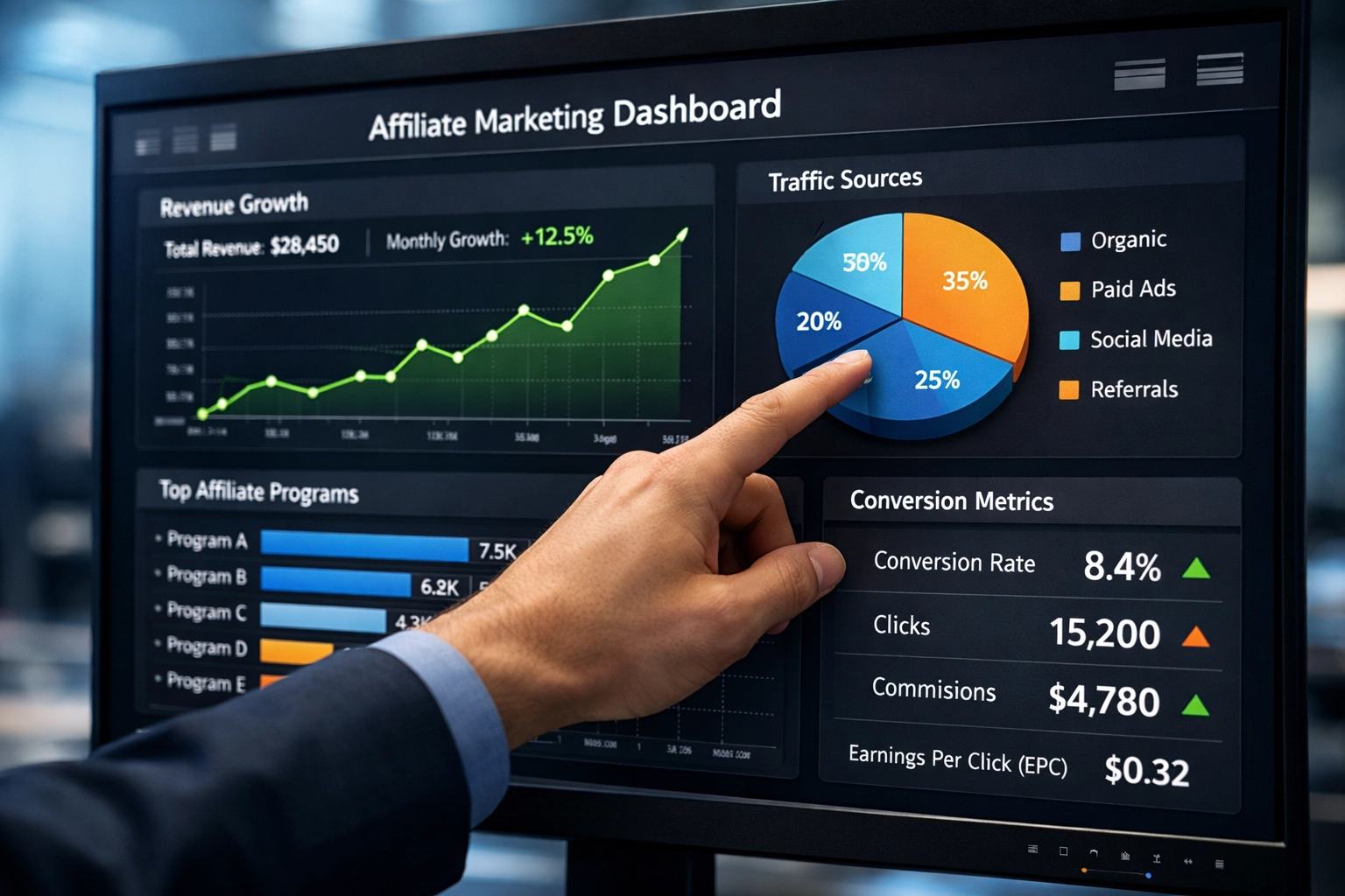 Affiliate marketing analytics dashboard met prestatiecijfers en groeigrafieken