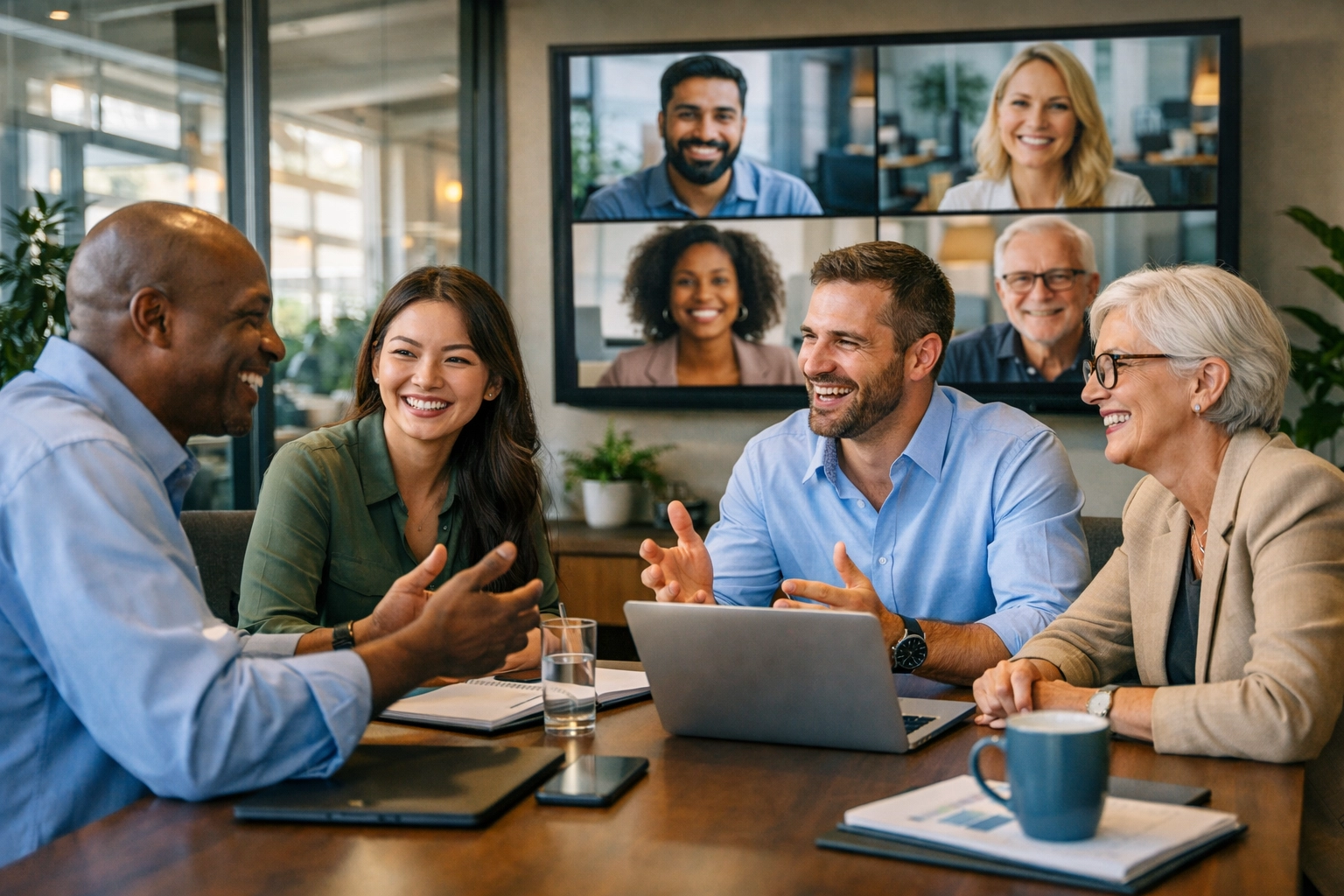 Divers team professionals werkt samen in hybride vergaderomgeving met teamwork en community