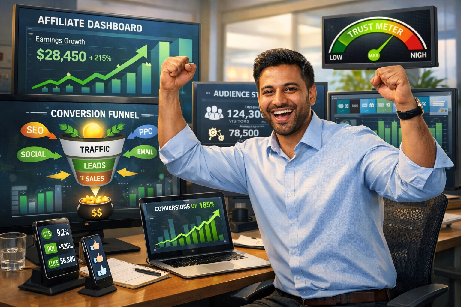 Succesvolle affiliate marketeer met groeiende verkeer- en vertrouwensstatistieken