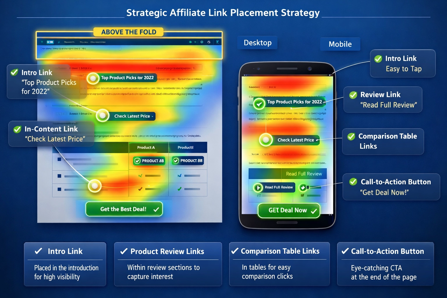 Visualisatie van webpagina-indeling met strategische affiliate linkplaatsing en heatmap die optimale zones aangeeft voor desktop en mobiel