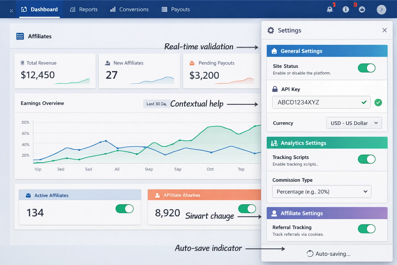Modern in-page configuratiepaneel met geïntegreerde bediening en realtime feedback