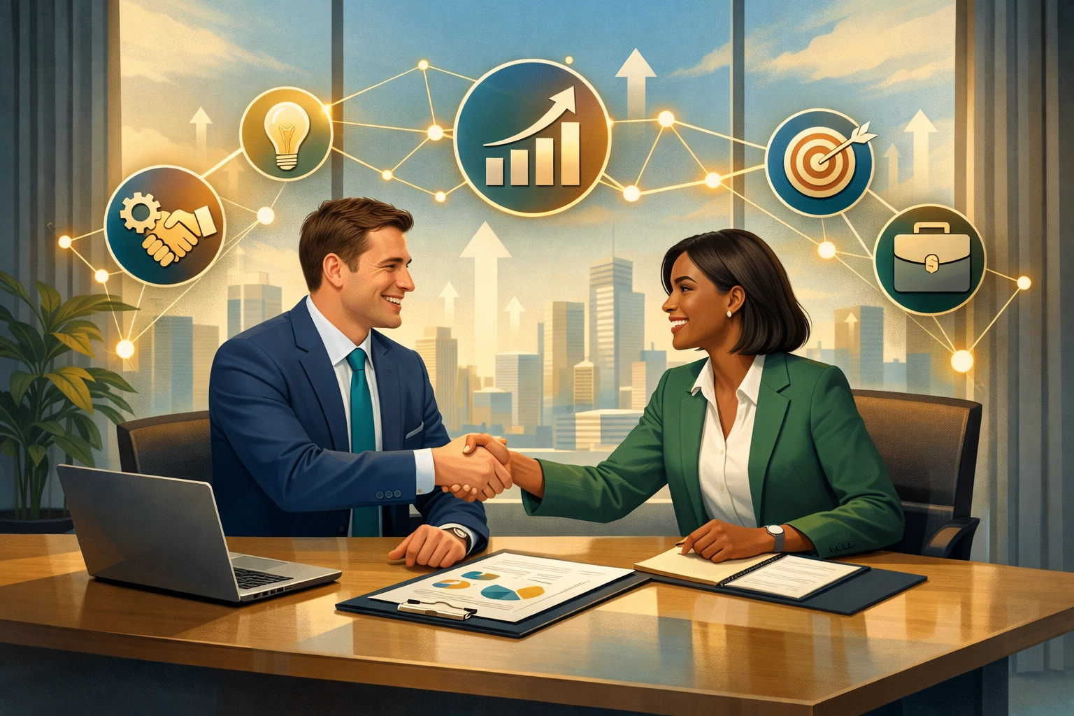 Zakelijke professionals die samenwerken en elkaar de hand schudden met netwerksymbolen die strategische partnerschappen voorstellen