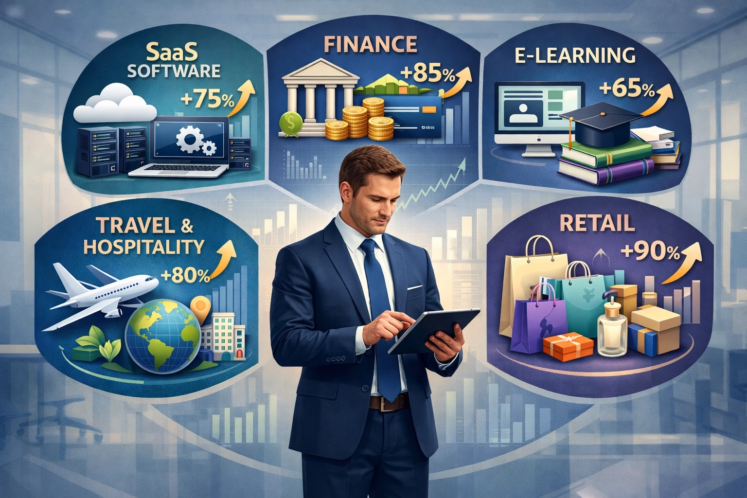 Diverse bedrijfssectoren tonen SaaS, Finance, E-learning, Travel en Health & Wellness niches met groeisignalen