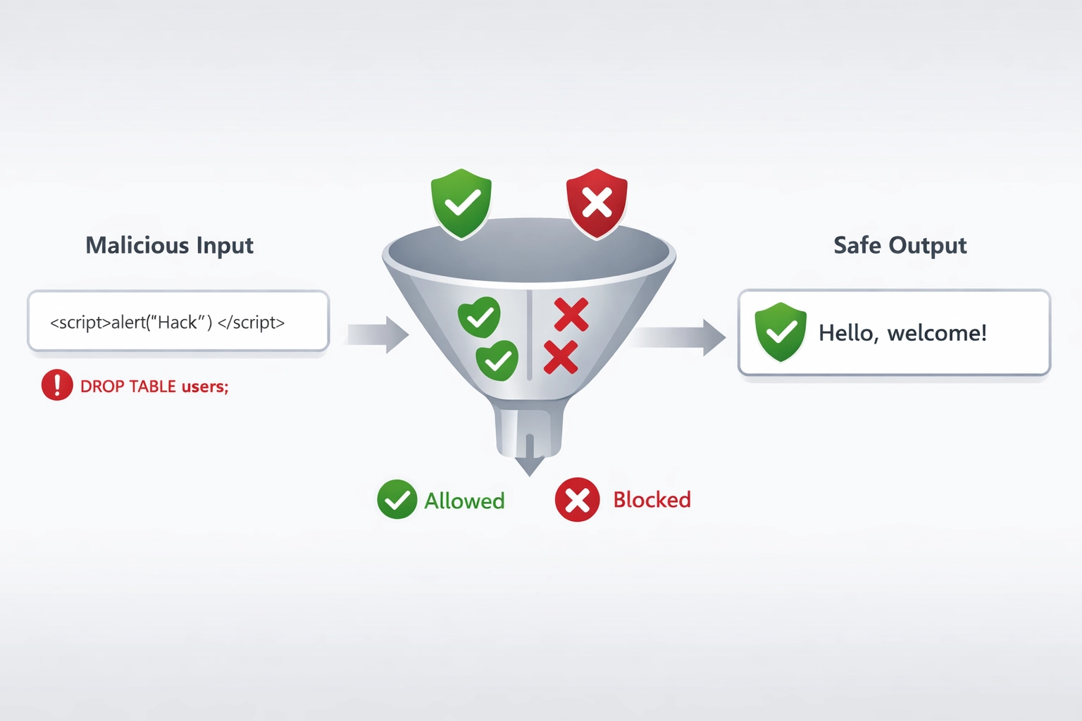 Input validation and sanitization process showing malicious input filtering and safe output