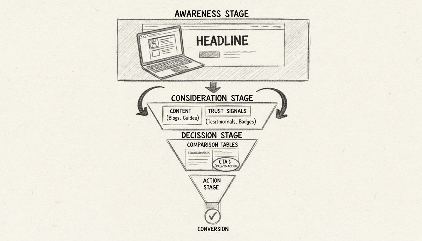 Conversietrechter diagram met bewustzijn, overweging, beslissing en actie fasen met visuele flow