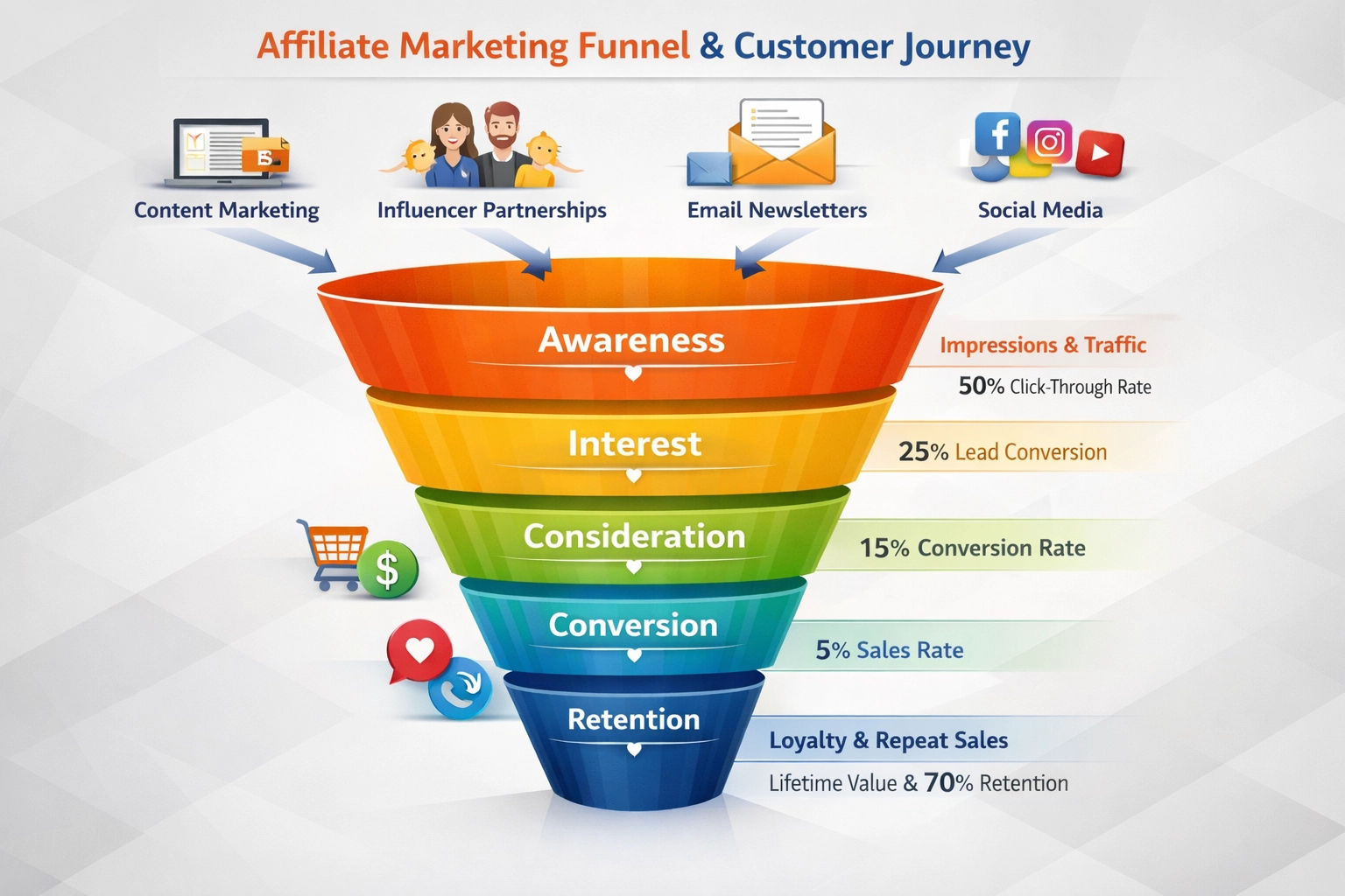 Affiliate marketing funnel die de klantreis van bewustwording tot retentie toont