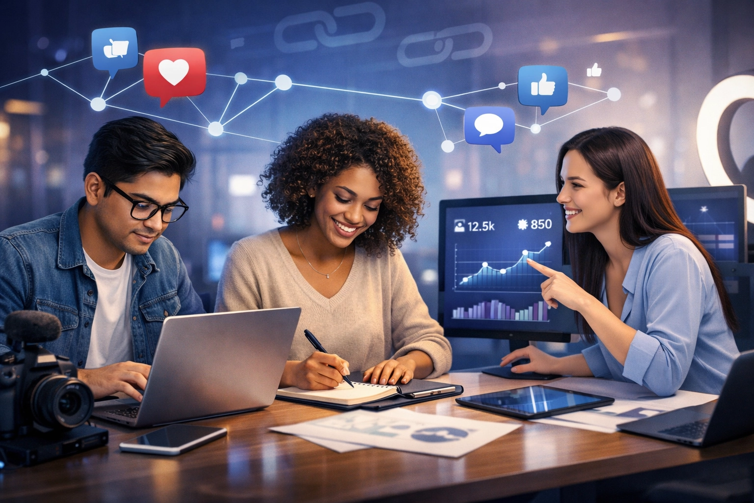 Influencers werken samen aan content voor social media-backlinks