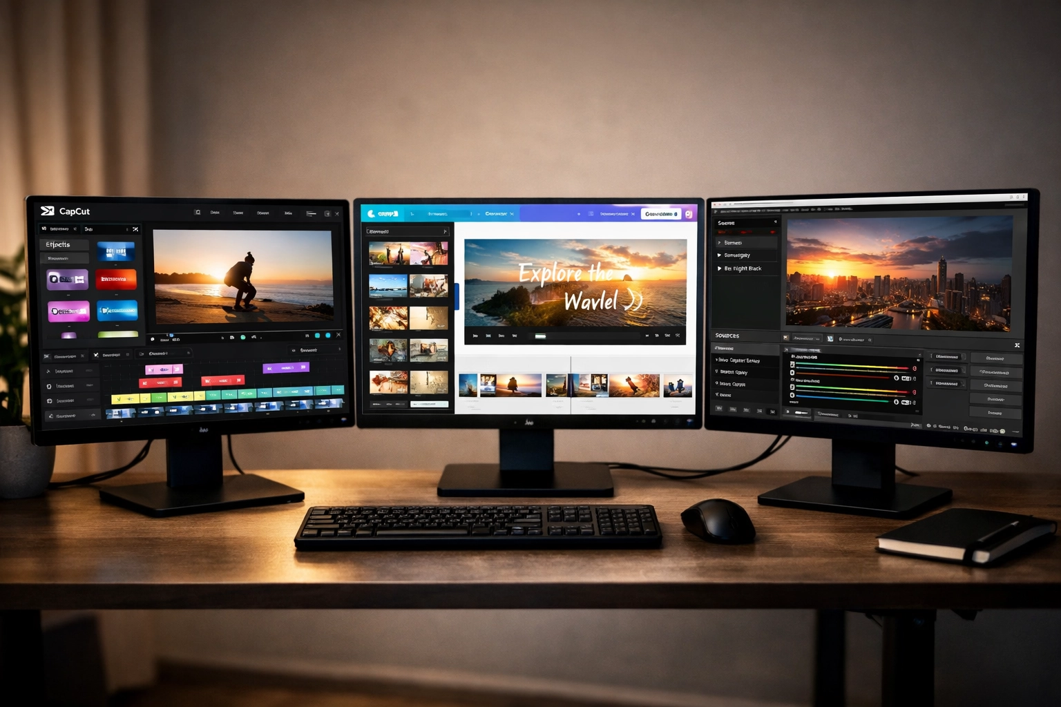 Vergelijking van CapCut, Canva en OBS Studio video editing software interfaces