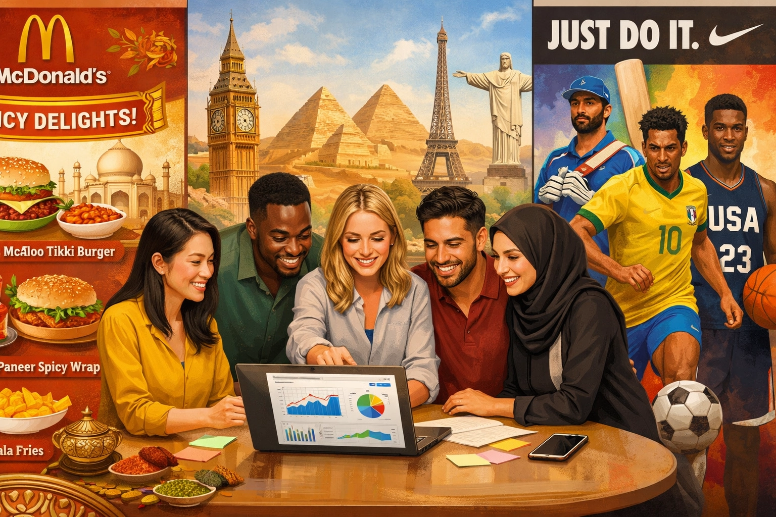 Cultureel divers team werkt samen aan gelokaliseerde affiliate marketing strategieën voor verschillende regio's