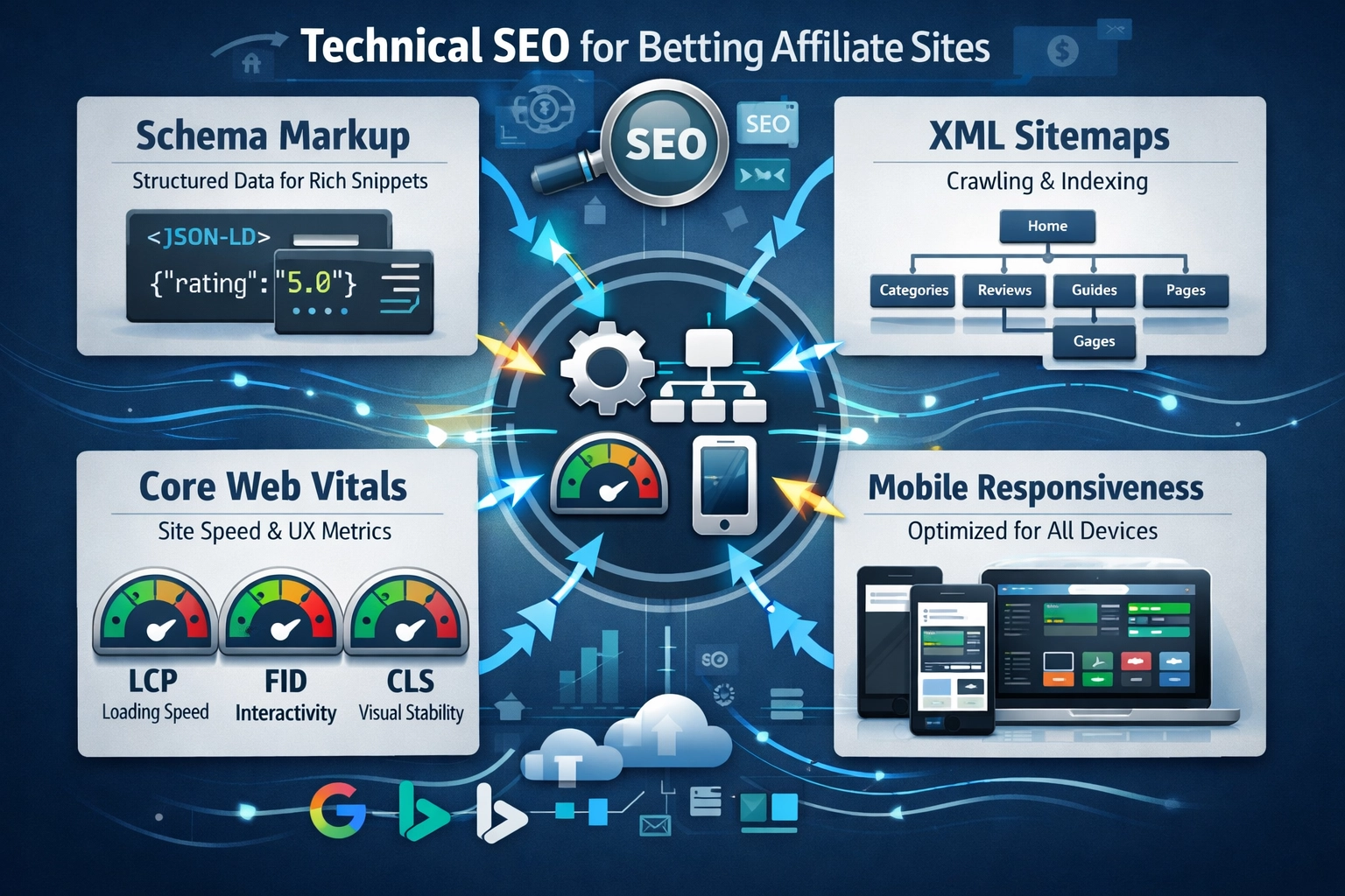Technische SEO-elementen zoals schema markup, XML-sitemaps en Core Web Vitals