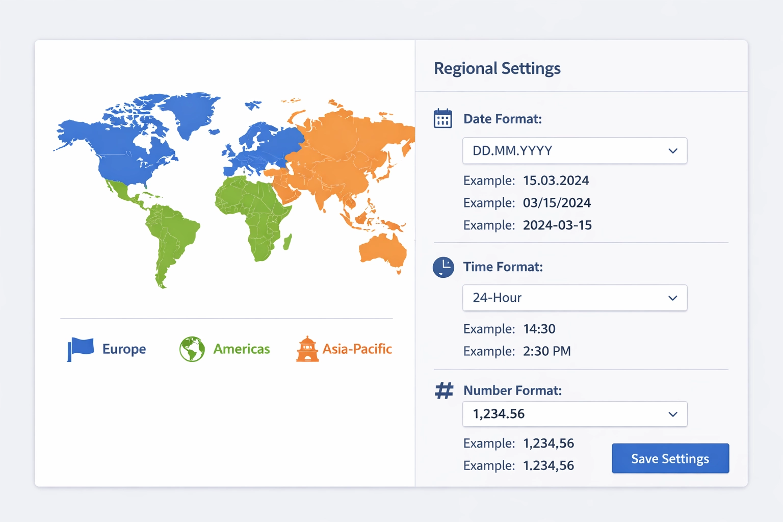 Configuratiepaneel voor regionale instellingen met wereldkaart en datumformaatvoorbeelden