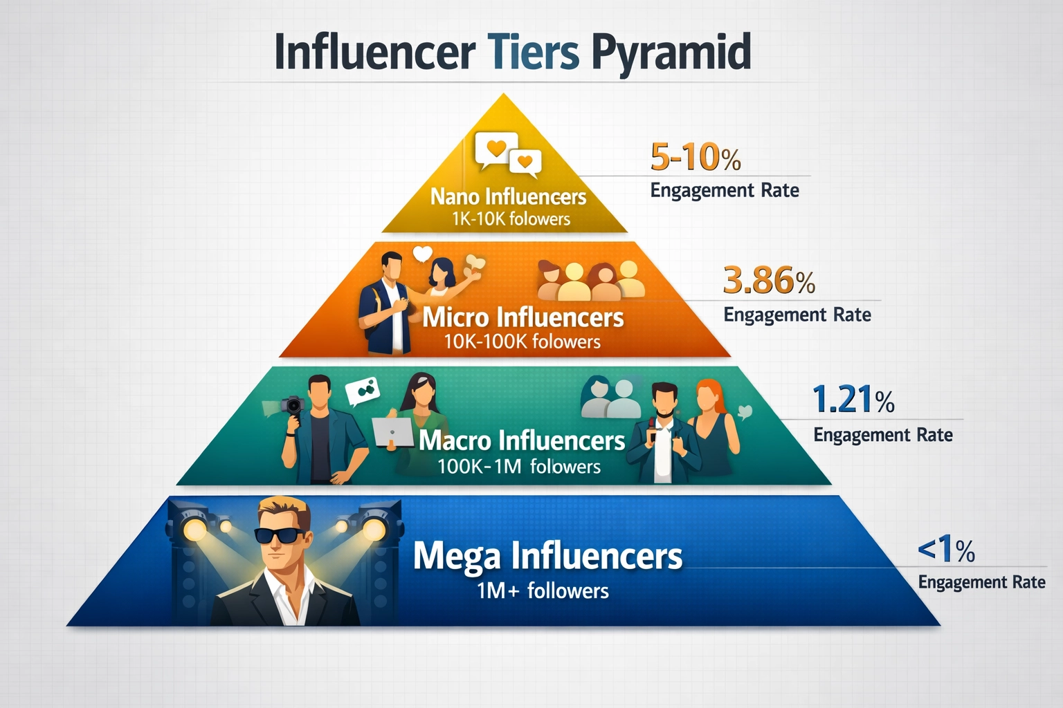 Influencer Tiers Pyramid showing nano, micro, macro, and mega influencers with engagement rates