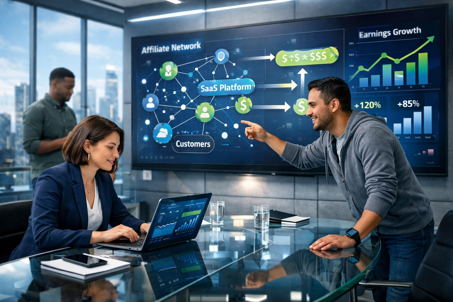 Professioneel SaaS affiliate marketingteam werkt samen met analytics dashboard