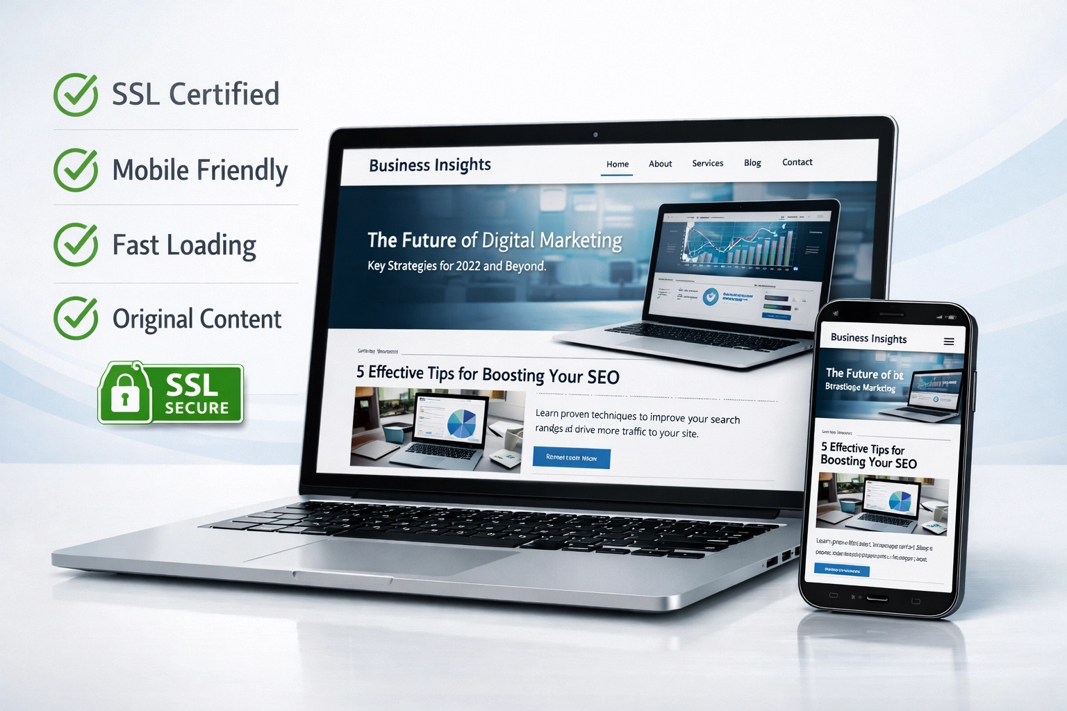 Websitekwaliteit verificatie met SSL-badge, mobiele responsiviteit en contentkwaliteitsindicatoren