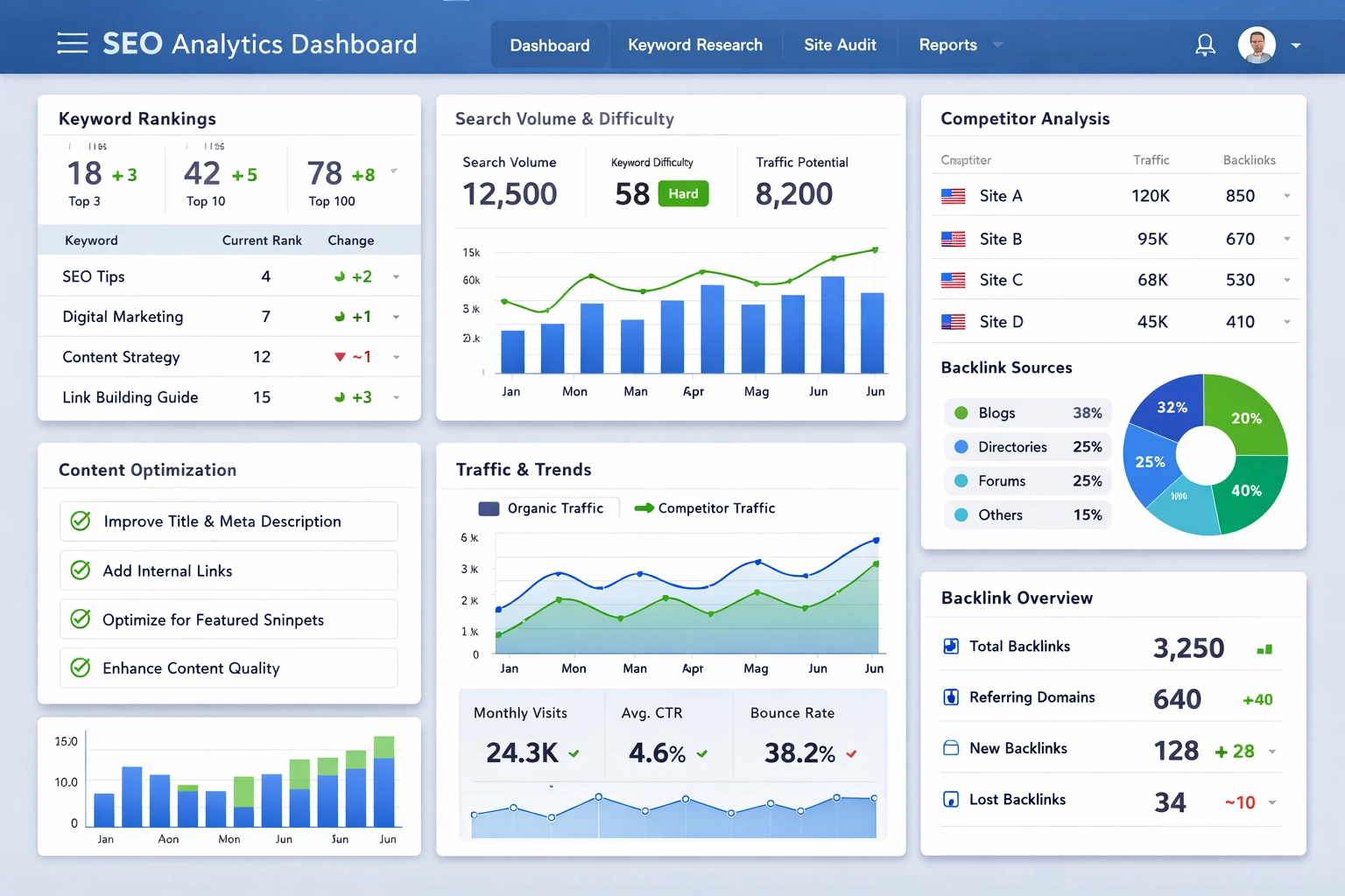 Modern analytics dashboard met SEO-statistieken en prestatiegegevens