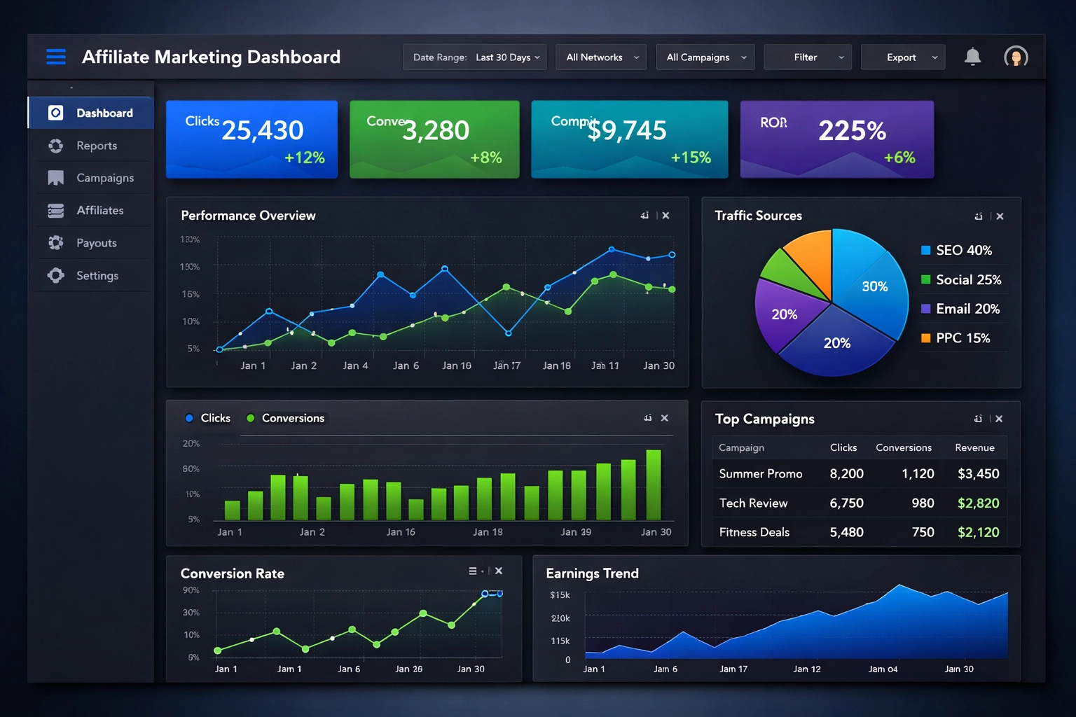 Affiliate marketing dashboard met realtime analytics en prestatiecijfers