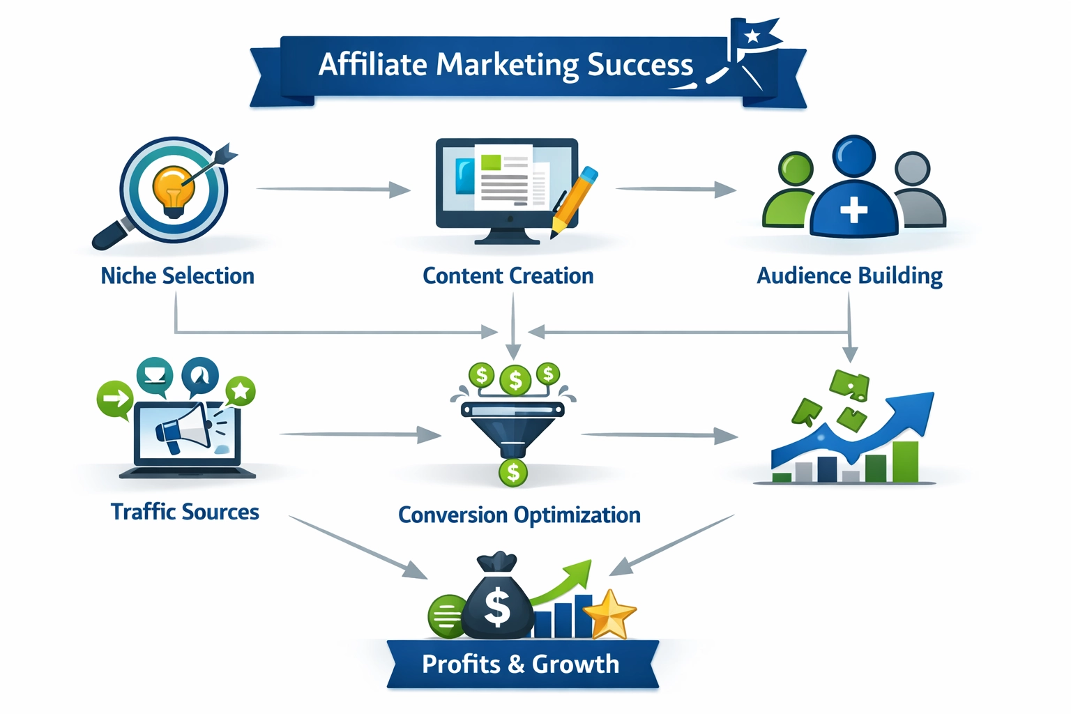 Strategische roadmap met verbonden elementen van affiliate marketing-succes