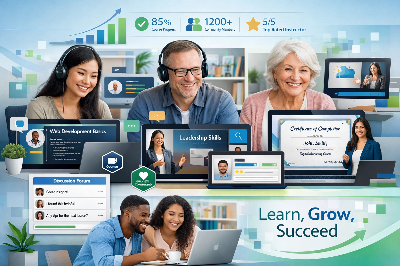 Modern online onderwijsplatform met diverse leerlingen en cursusinhoud