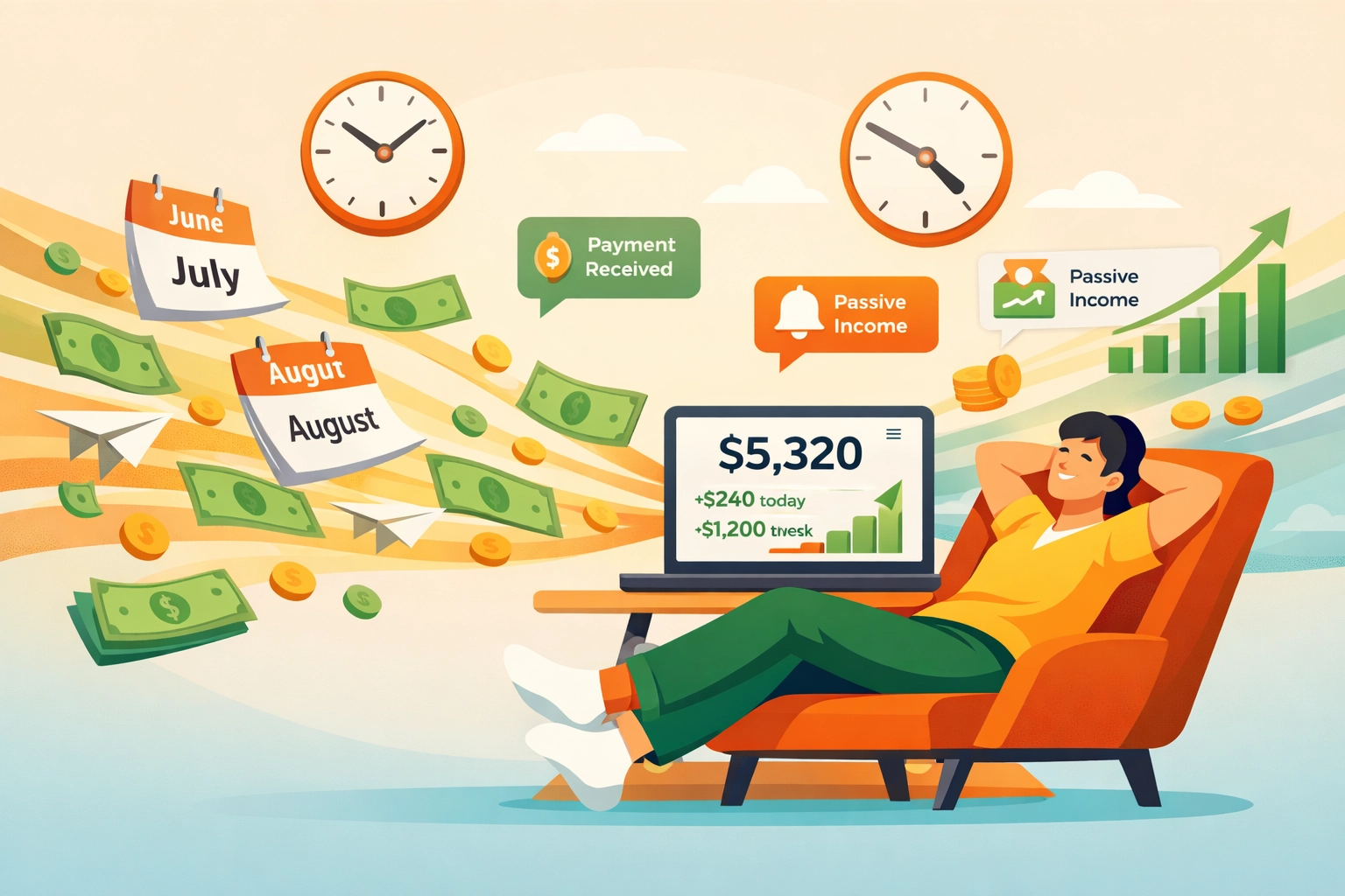 Persoon ontspant terwijl passief inkomen uit meerdere bronnen binnenstroomt