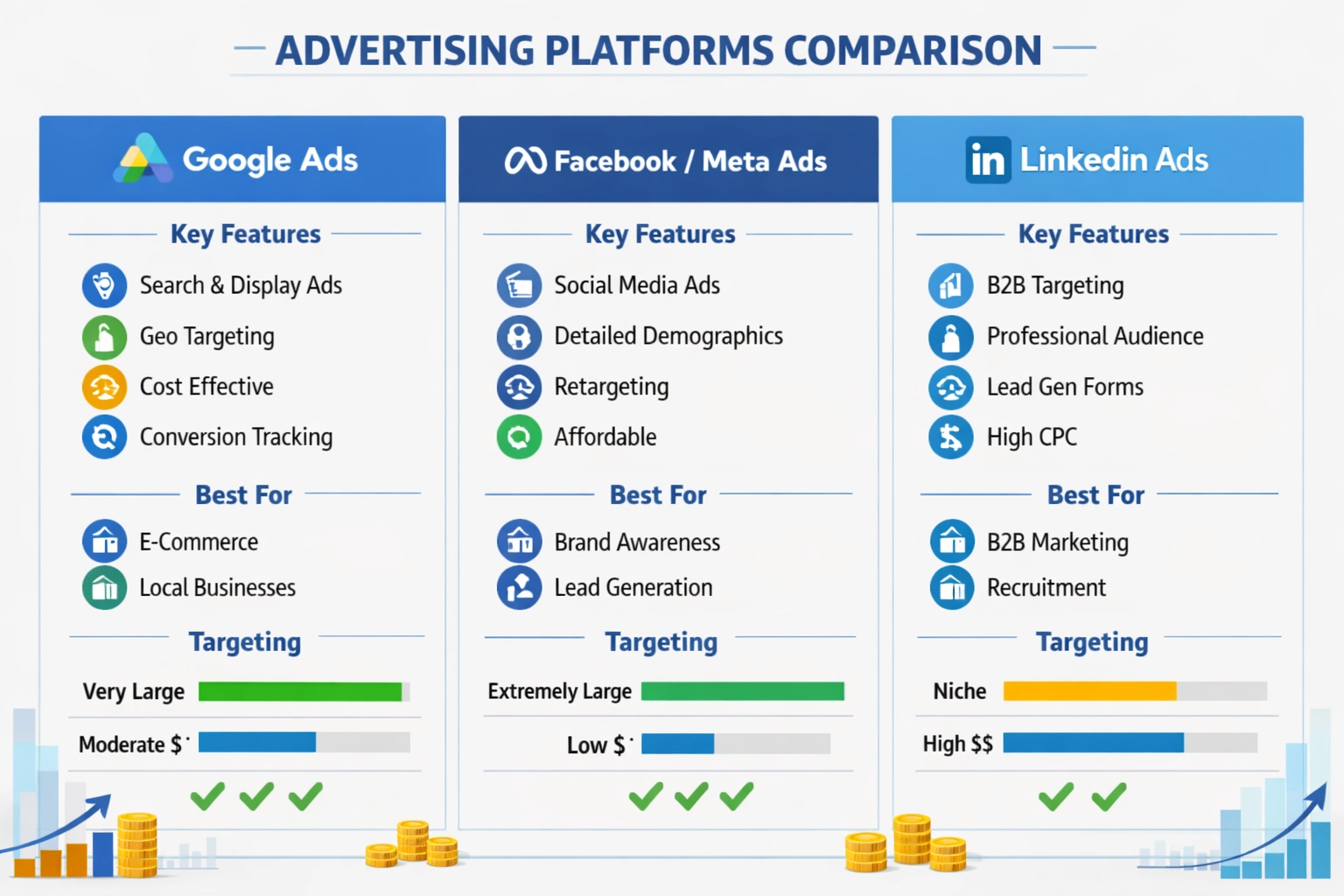 Professionele infographic vergelijkt Google Ads, Facebook Ads en LinkedIn Ads op geotargetingmogelijkheden