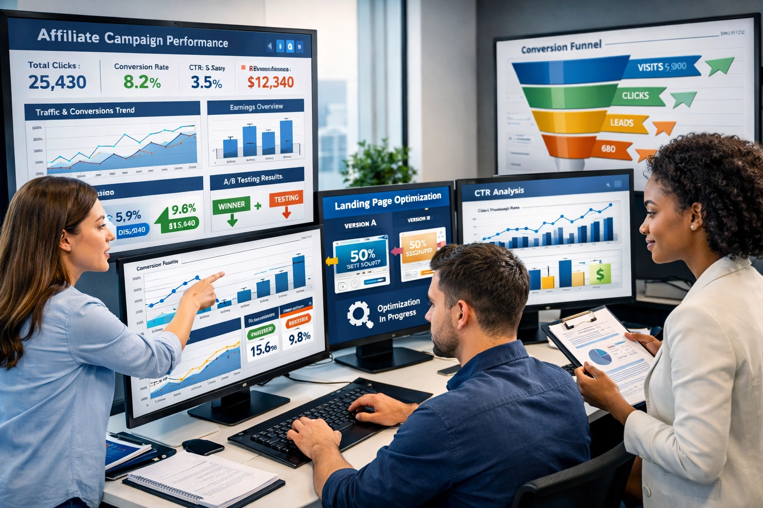 Analyse-dashboard met affiliate campagneprestaties en team dat data bekijkt