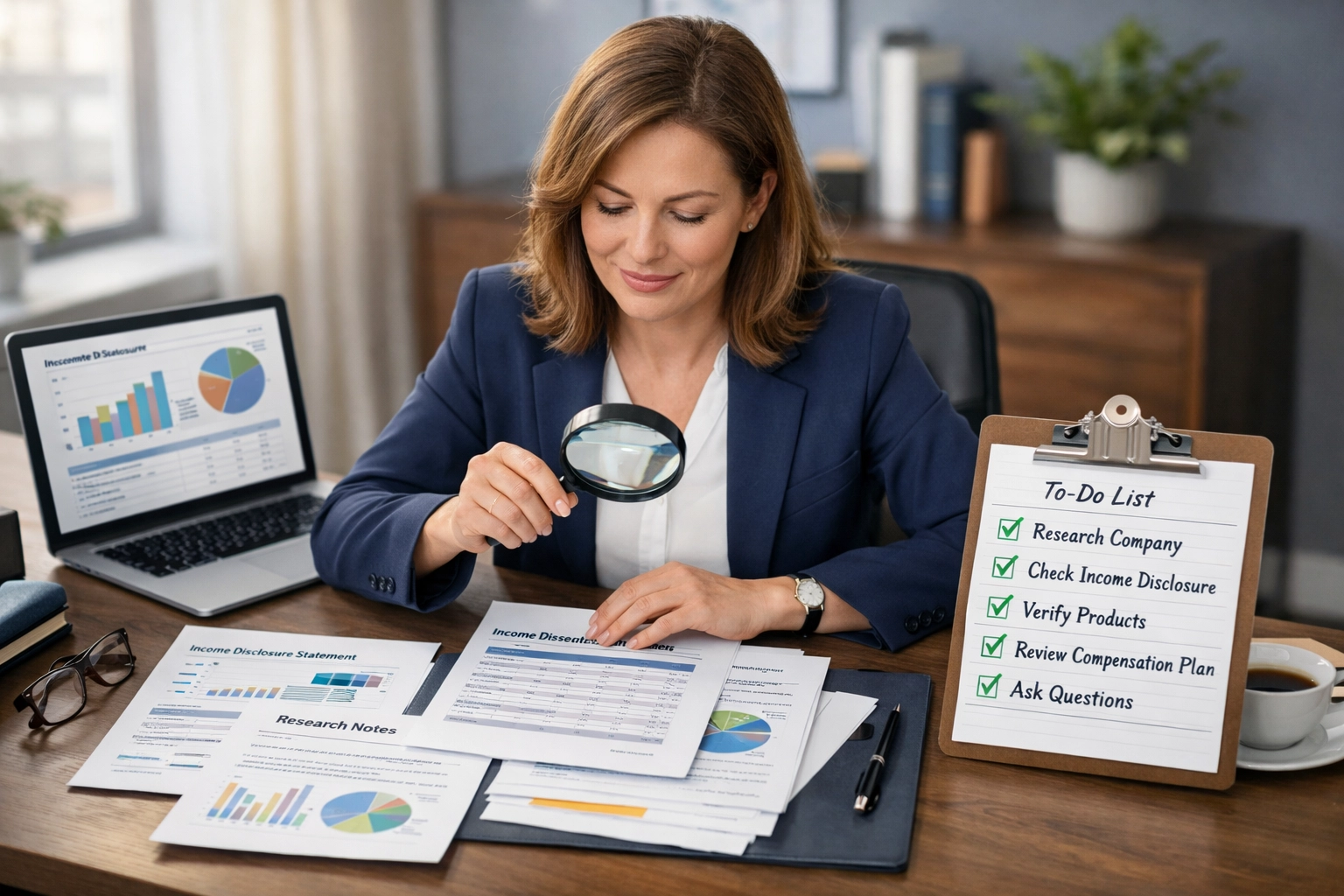 Zakelijk persoon die een zakelijke kans evalueert en onderzoekt met documenten en checklist