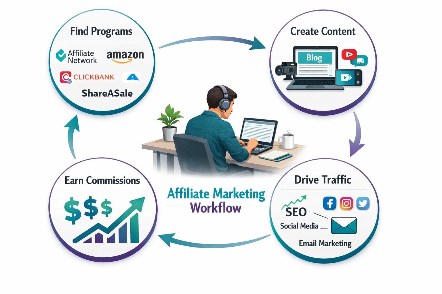 Affiliate marketing workflow met vier stappen: programma's zoeken, content maken, verkeer genereren en commissies verdienen
