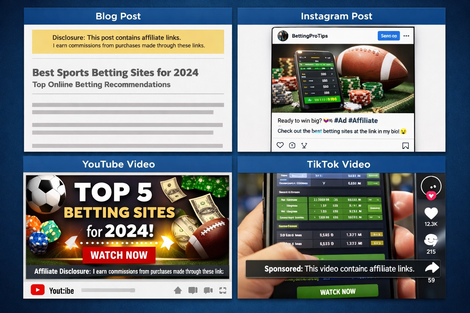 Voorbeelden van affiliate-disclosures op blog, Instagram, YouTube en TikTok