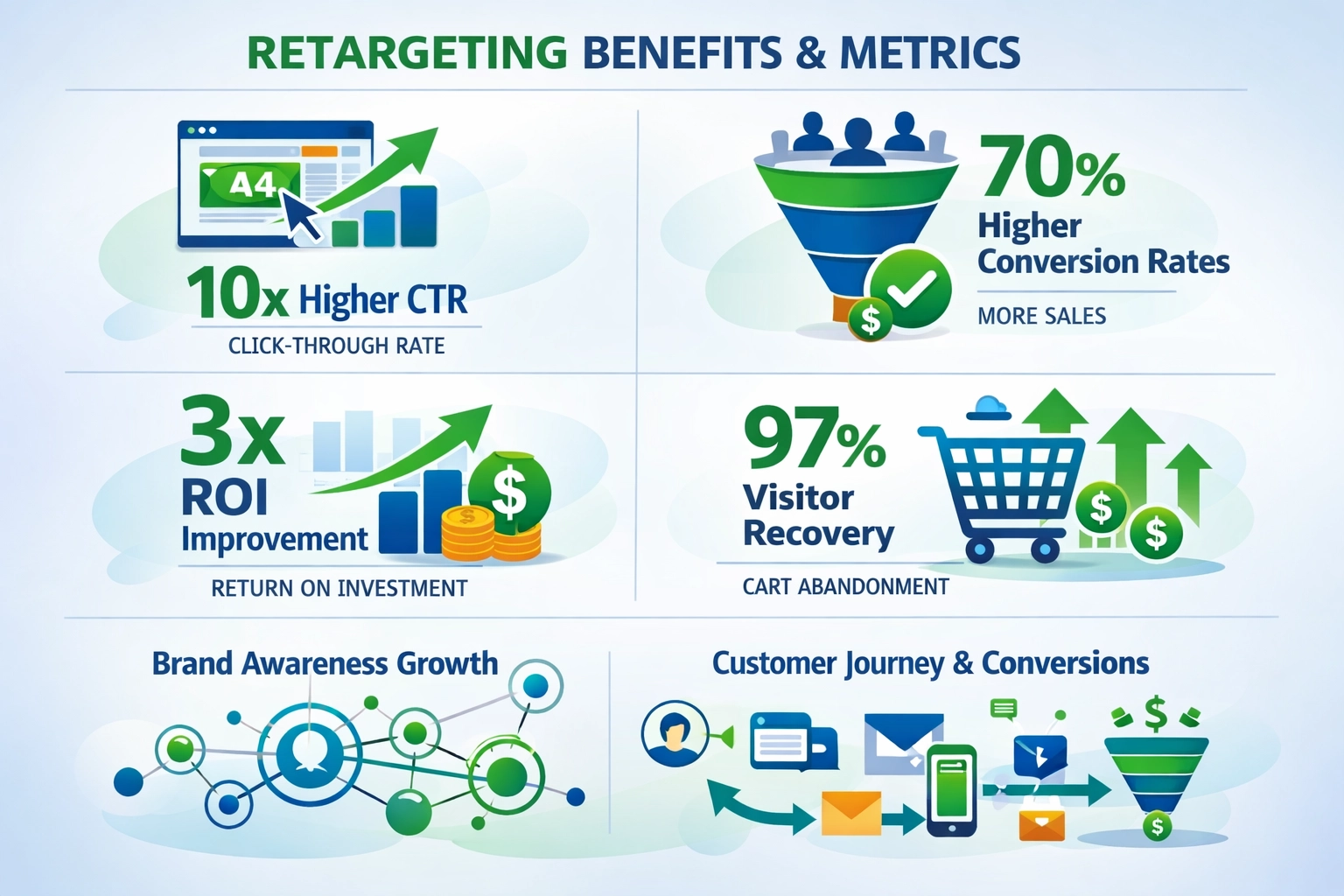 Infographic met voordelen en statistieken van retargeting, zoals conversieratio’s en ROI