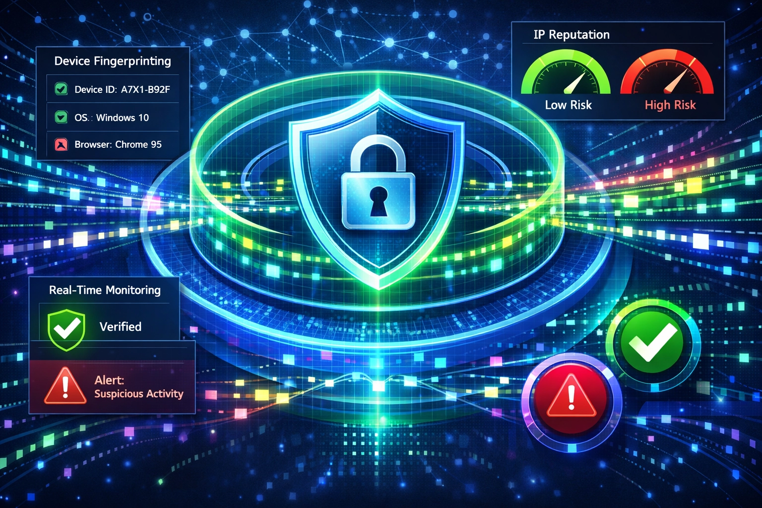 Gelaagde fraudedetectietechnologie met AI- en machine learning-visualisatie