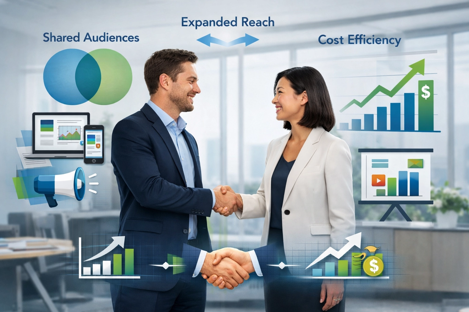 Visualisatie van co-marketing partnerschap met gedeelde doelgroepen en groter bereik