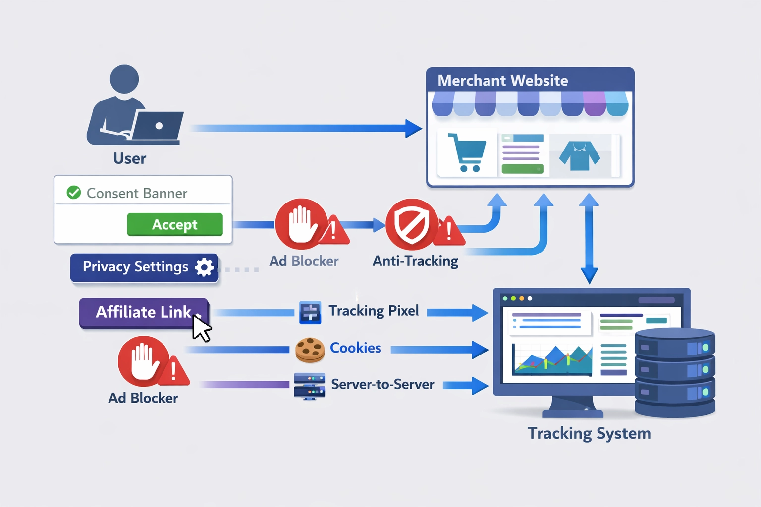 Affiliate tracking infrastructuur en datastroomdiagram