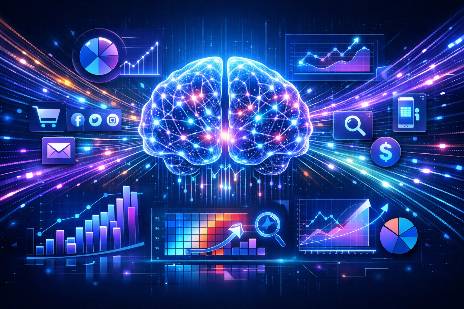 AI and machine learning analyzing marketing attribution data with neural networks