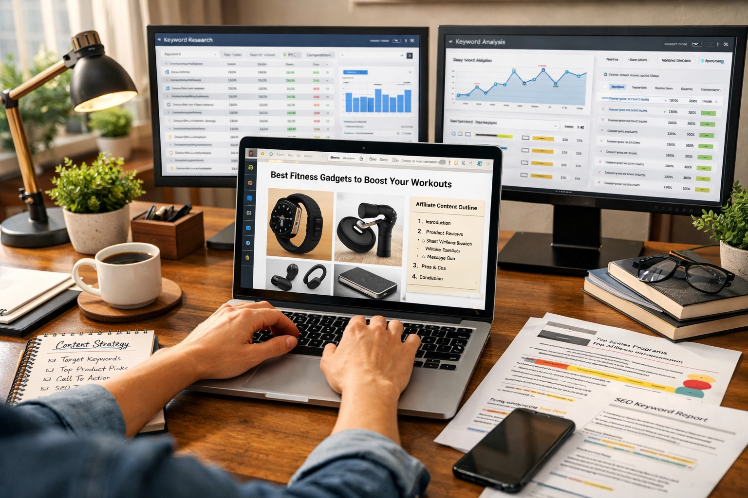 Content creator working on affiliate marketing blog post with keyword research and product analysis