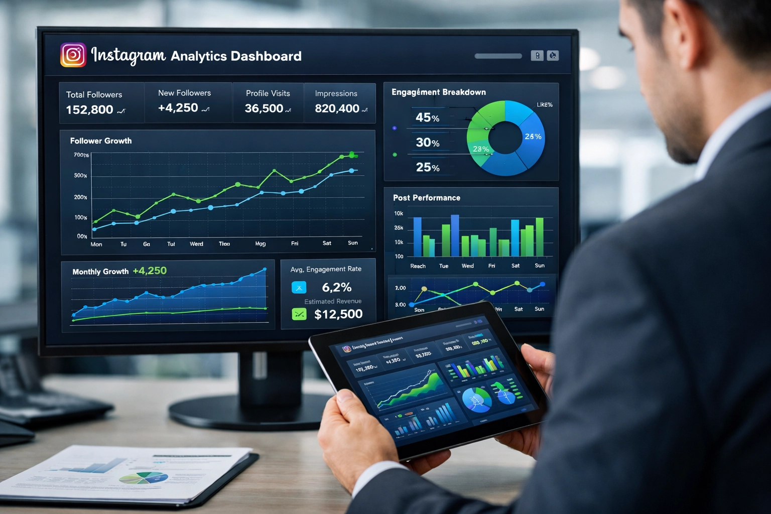 Instagram analytics dashboard met engagementstatistieken en prestatie-tracking