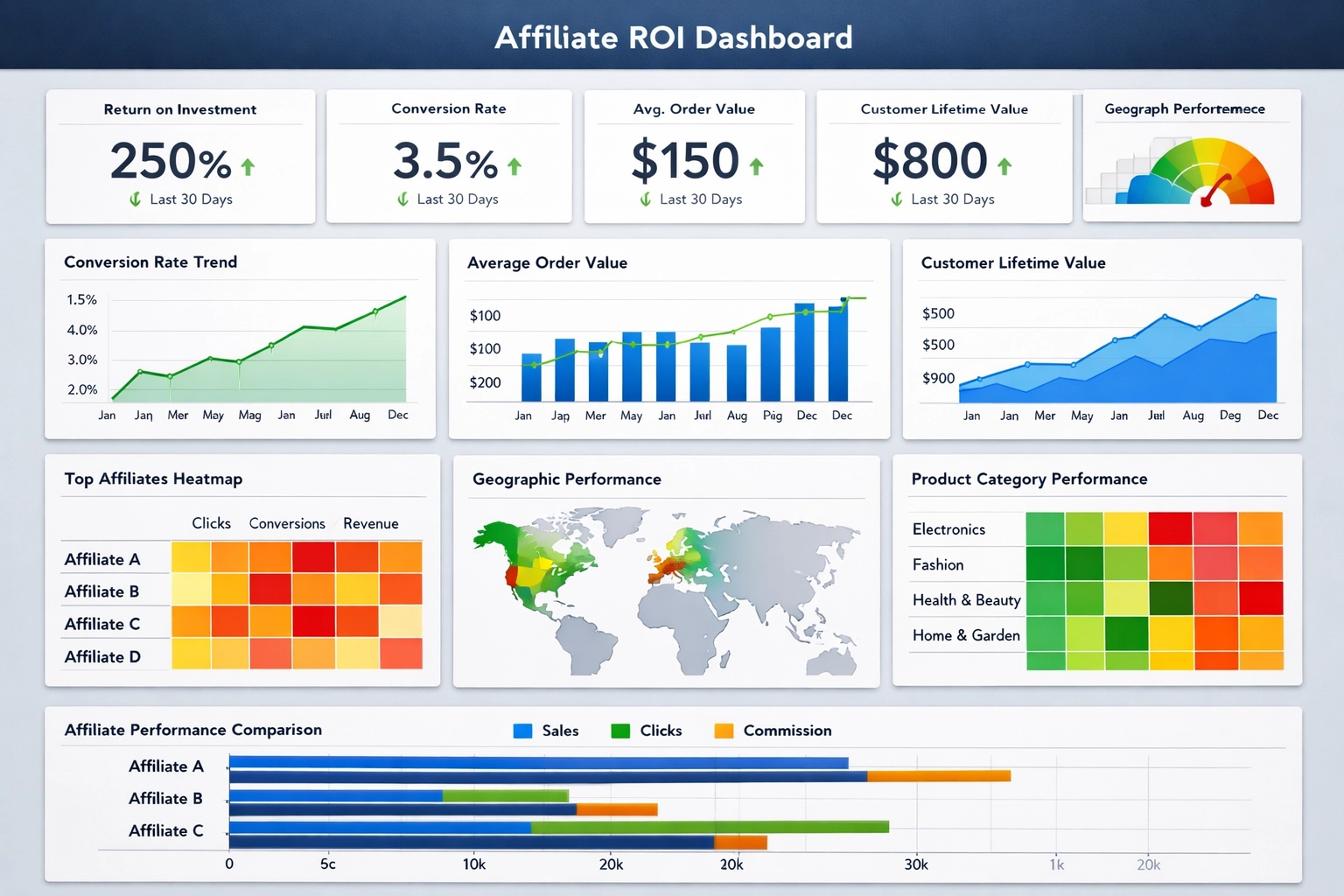 Professioneel analytics dashboard met affiliate ROI-metrics en prestatieanalyse