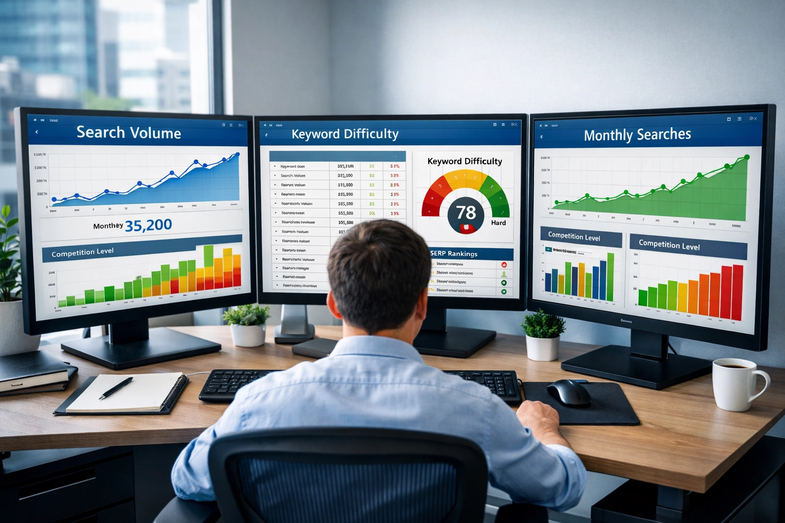 Professionele werkplek met analyse van zoekwoordonderzoek op meerdere schermen met analytics dashboards en zoekdata