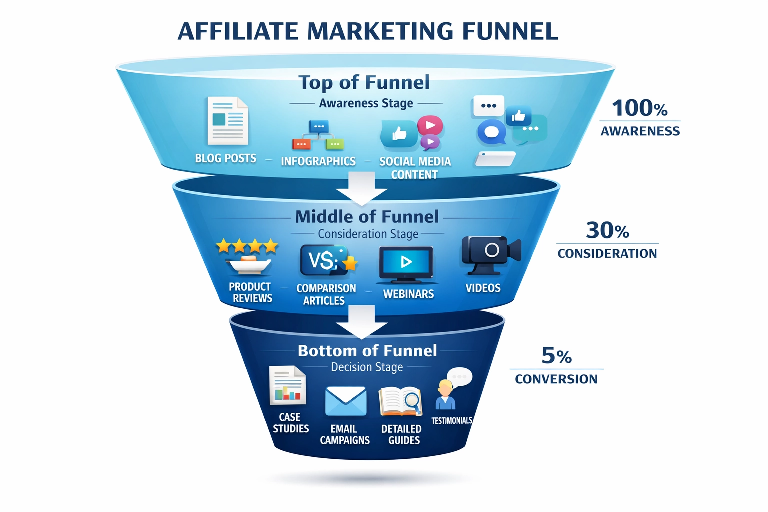 Affiliate marketing funnel met contenttypen per fase