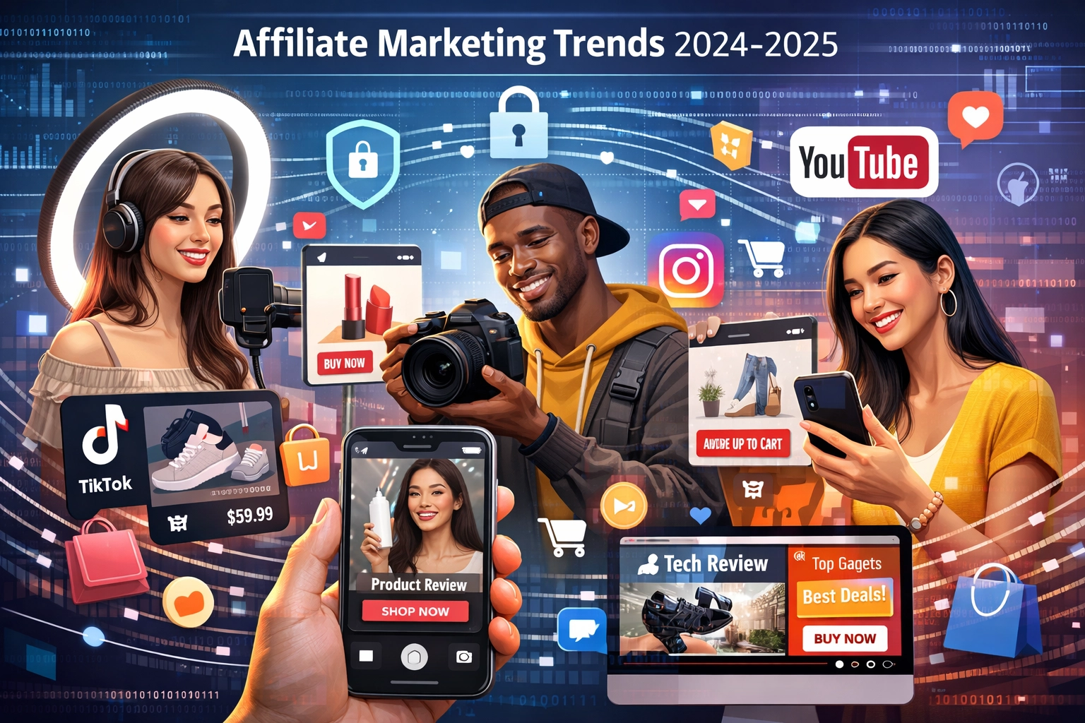 Modern affiliate marketinglandschap met social commerce, micro-influencers en diverse contentmakers