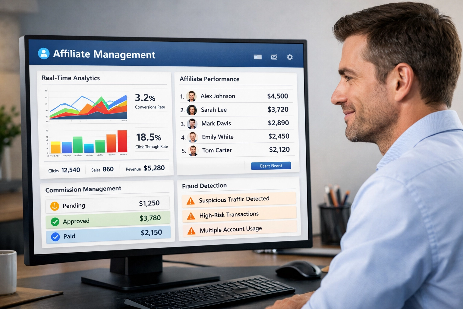 Affiliate management software dashboard toont analytics, prestatiestatistieken en fraudebescherming