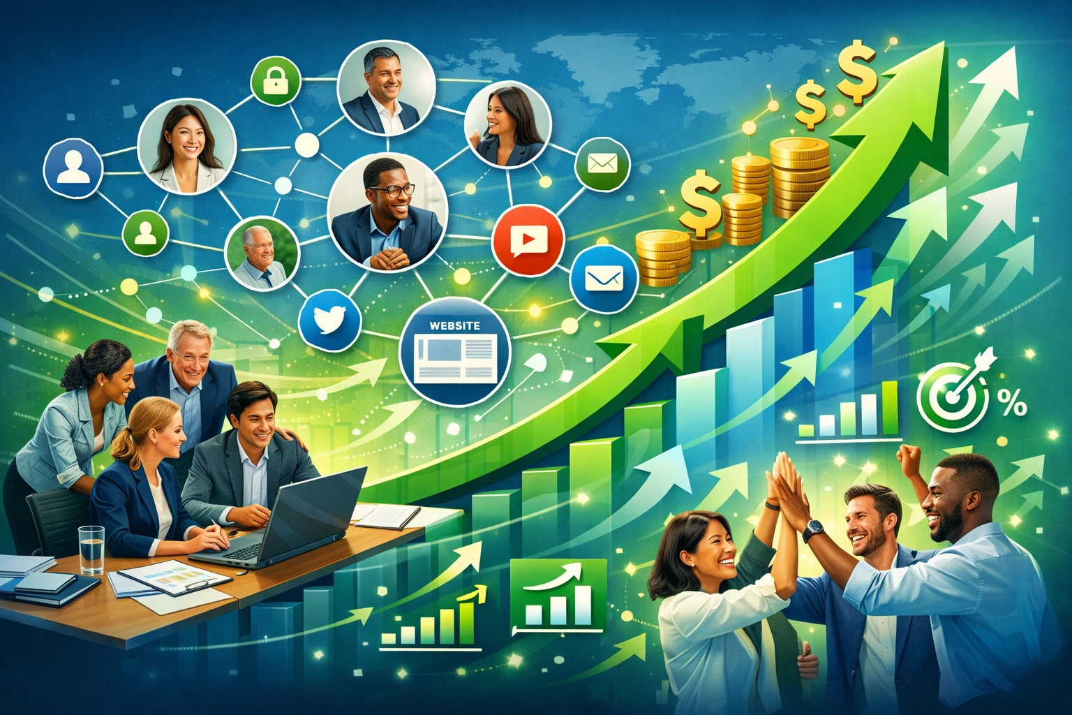 Visualisatie van bedrijfsgroei met uitdijend affiliatenetwerk en stijgende omzet