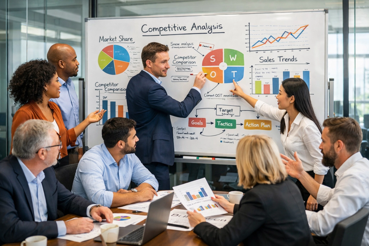 Team samenwerking aan concurrentiestrategie en analyse