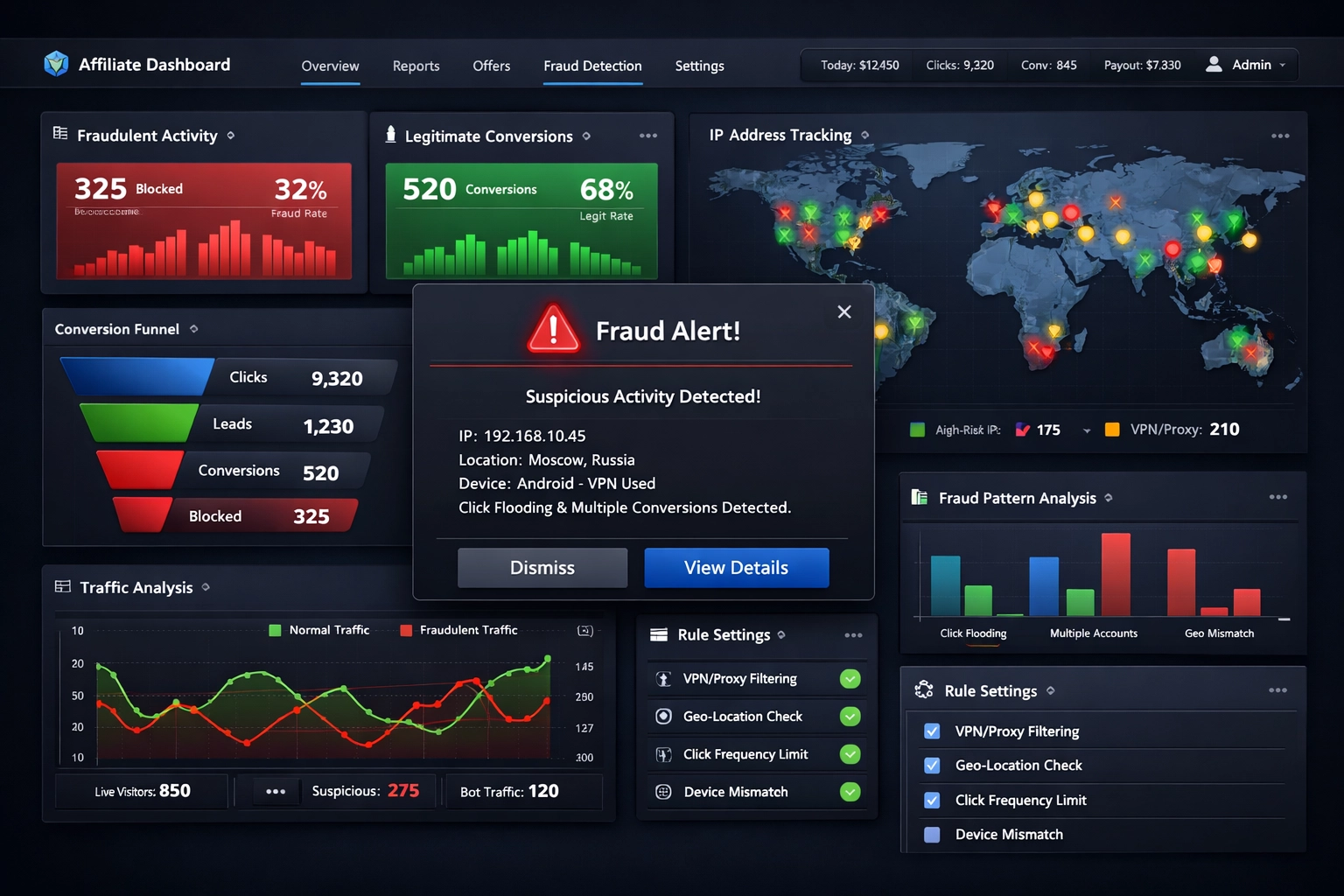 Modern affiliatebeheer softwaredashboard met realtime fraudedetectie en monitoring met analysepaneel