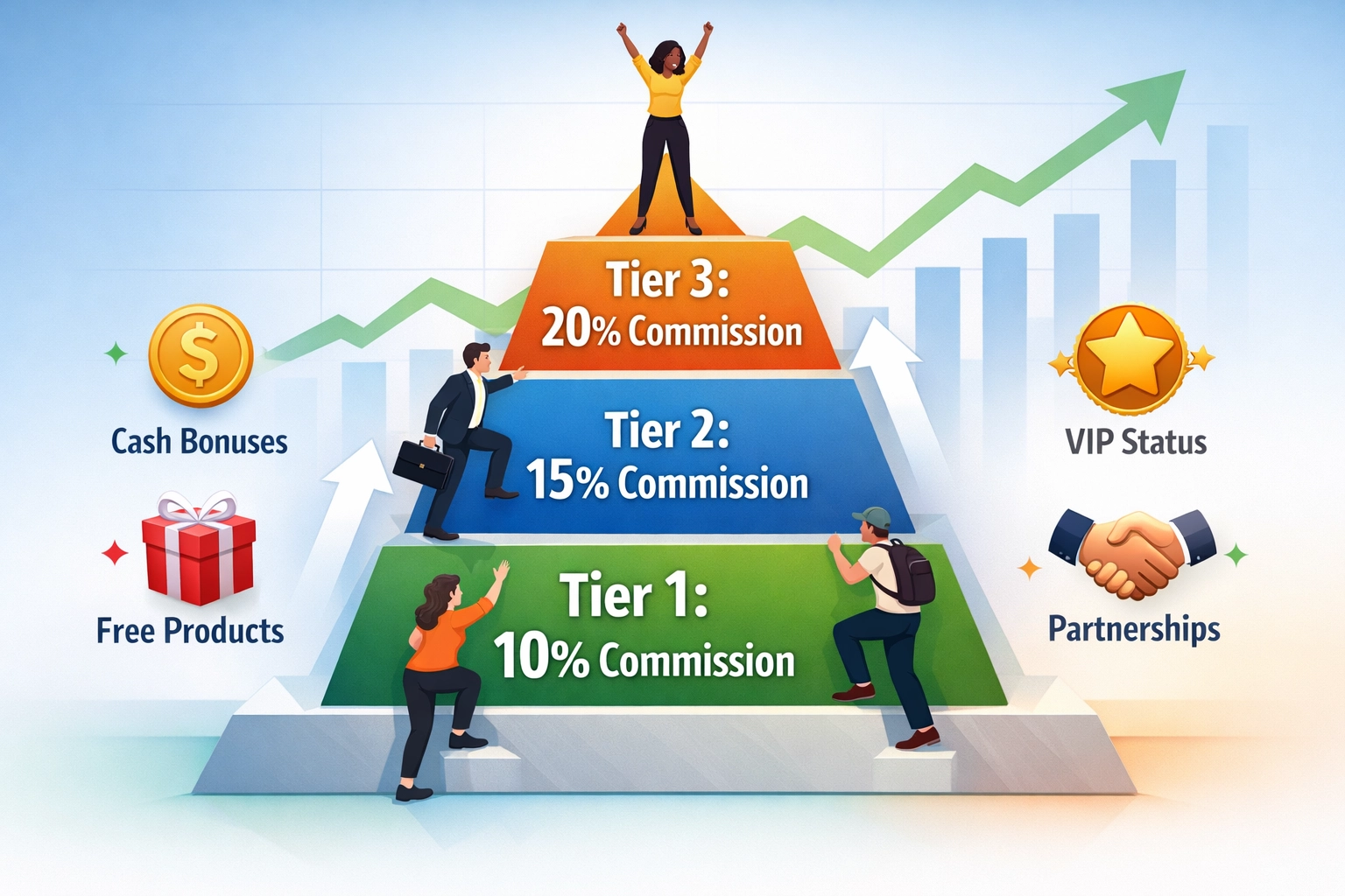 Tiered commission structure pyramid showing progressive incentive levels