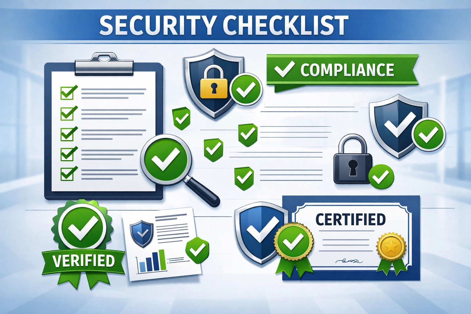 Beveiligingschecklist met compliance badges en verificatievinkjes