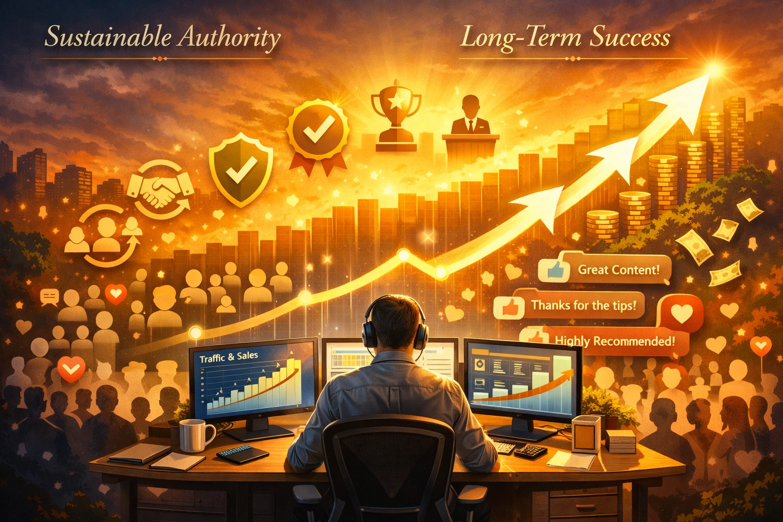 Dynamische groeivisualisatie die de autoriteit en inkomensgroei van een affiliate marketeer in de tijd laat zien