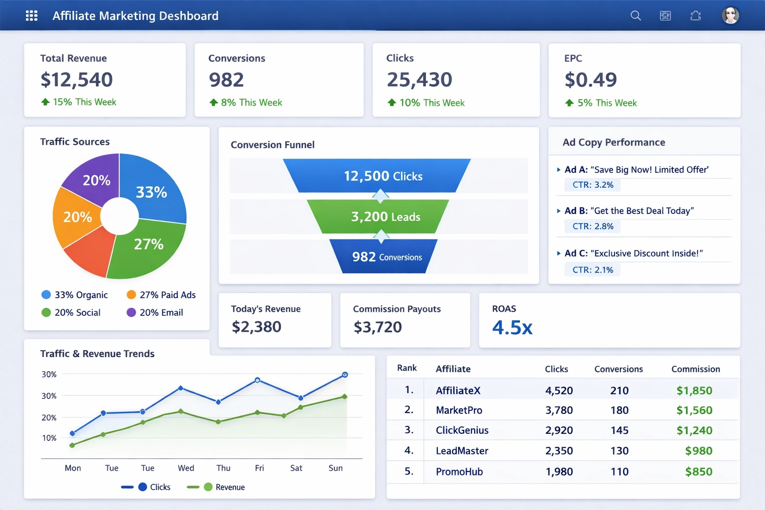 Modern affiliate marketing dashboard met verkeersbronnen, conversies en omzetstatistieken