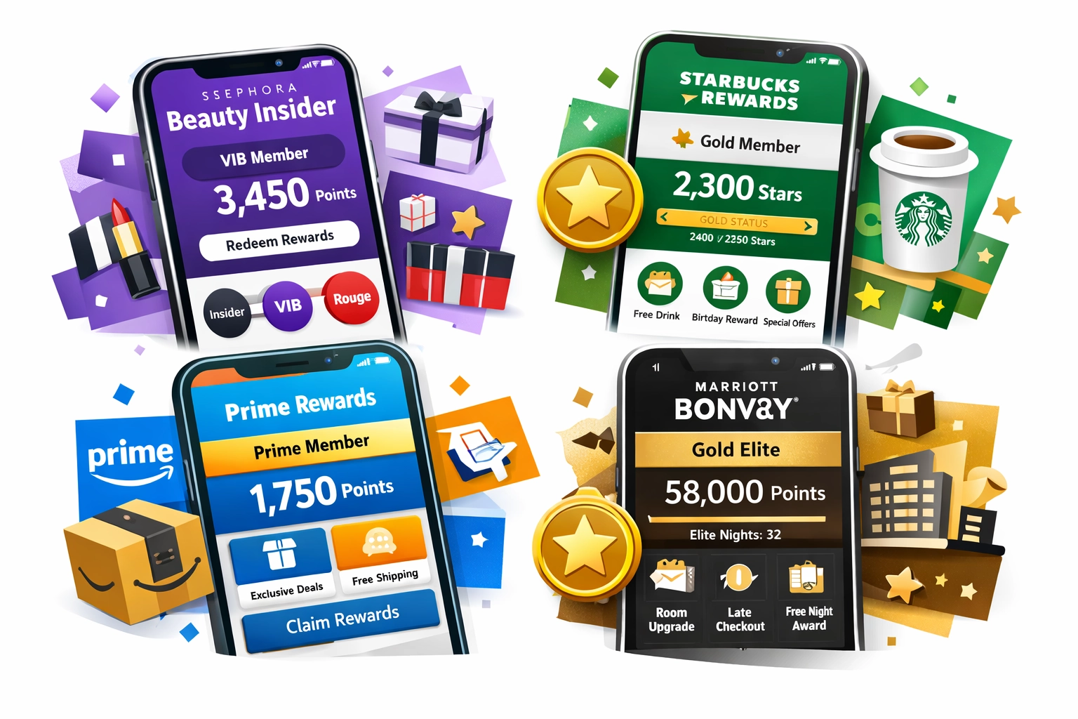 Collage van bekende loyaliteitsprogramma-logo's en interfaces waaronder Sephora, Starbucks, Amazon Prime en Marriott