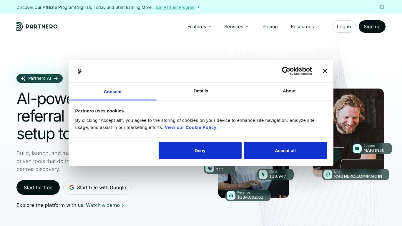 Partnero affiliatebeheer platform homepage