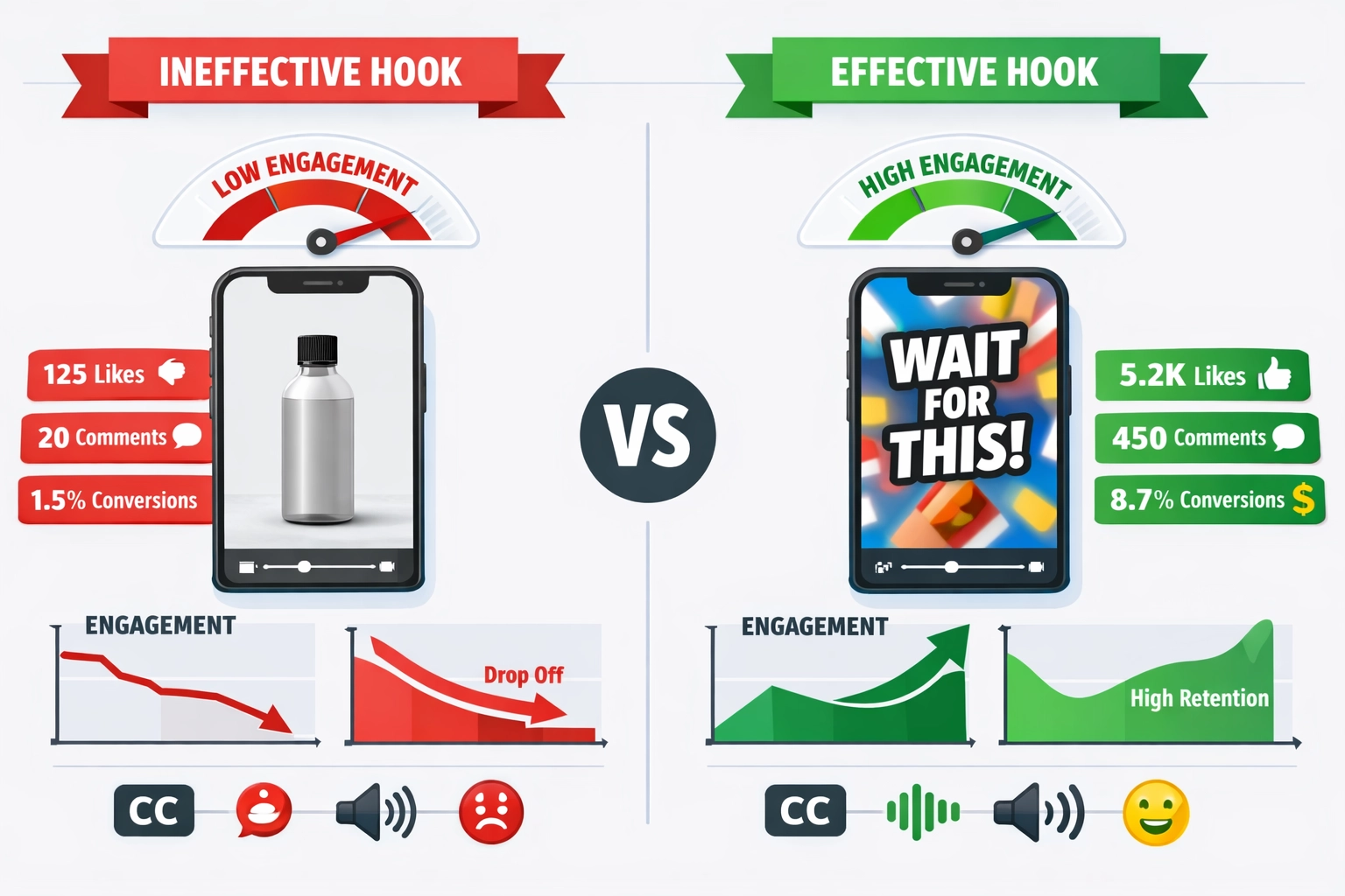 Split-screen vergelijking van effectieve vs niet-effectieve video hooks voor affiliate marketing